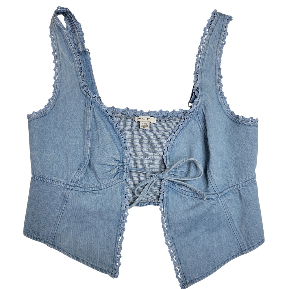 American Eagle Light Wash Denim Tie Front Vest Lace Trim Smocked Back Womens L